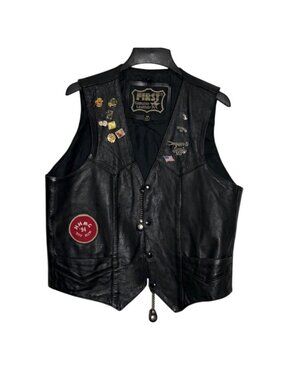 Vintage 90s First Genuine Leather Motorcycle Vest w/ HHMC Toy Run Pins Mens 46